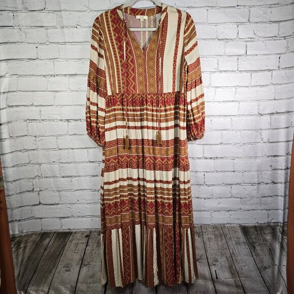 WOMENS EASEL LONG BOHO DRESS VNECK TASSEL TIES RUST CREAM GOLD BOLD STRIPES SM - Picture 1 of 9